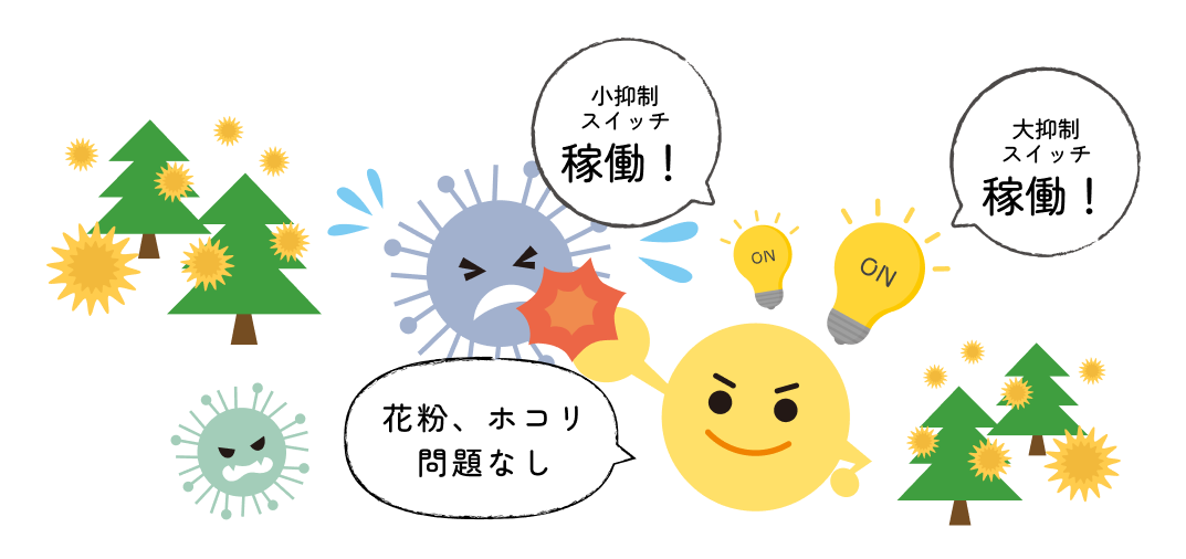 「大抑制スイッチ」「小抑制スイッチ」両方とも稼働している人は、アレルギーになる可能性が低い